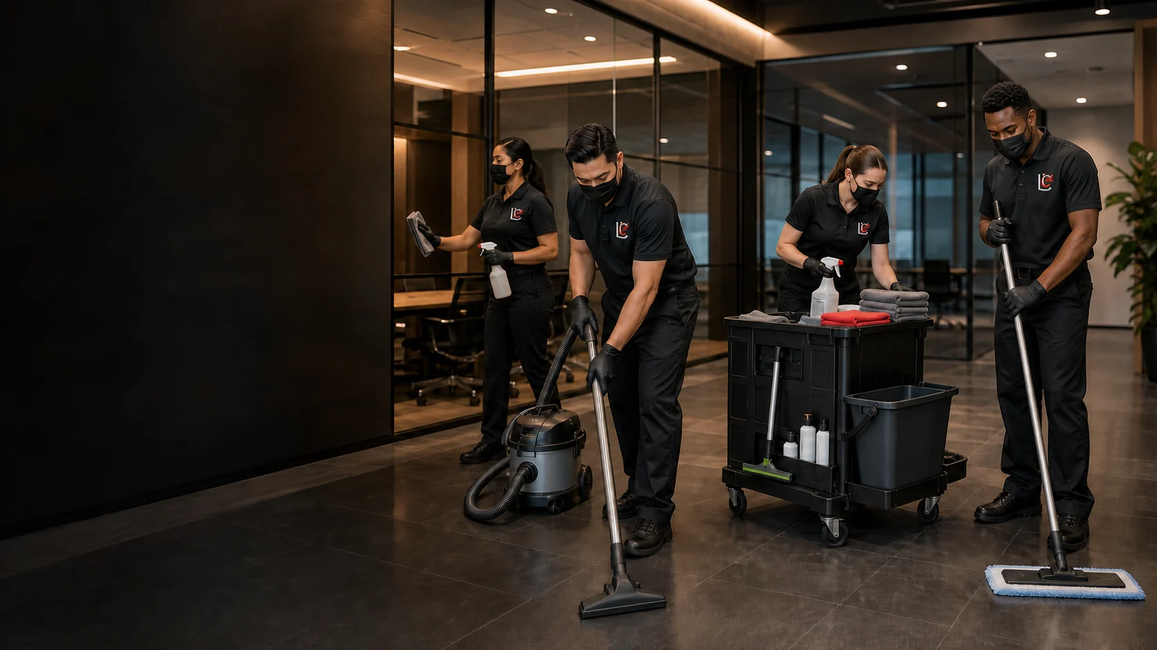 Masked LCC professional cleaning team preparing equipment for a commercial cleaning service.